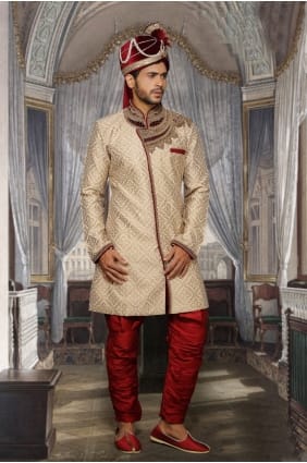 Beige Jari Jackard Ethnic Wear Designer Ready-Made Sherwani SHR00067
