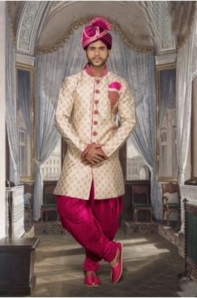 Beige Pink Booty Jackard Ethnic Wear Designer Ready-Made Sherwani SHR00069