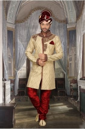 Beige Heavy Jackard Ethnic Wear Designer Ready-Made Sherwani SHR00070