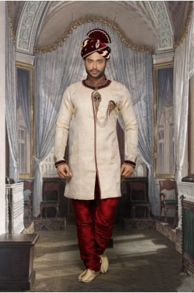 Beige Jackard Ethnic Wear Designer Ready-Made Sherwani shr00077