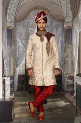 Beige Daman Booty Brocked Ethnic Wear Designer Ready-Made Sherwani SHR00079