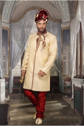Beige Booty Jackard Ethnic Wear Designer Ready-Made Sherwani SHR00081