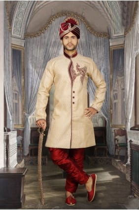 Beige Tanchui Brocked Ethnic Wear Designer Ready-Made Sherwani SHR00085