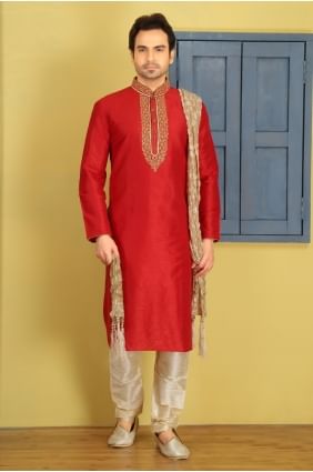 Fashionable Red Dupion Art Silk Ethnic Wear Kurta Readymade Kurta Payjama KUR0269