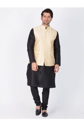 Modish Black Cotton Silk Ethnic Wear Kurta Readymade Kurta Payjama With Jacket KUR0335