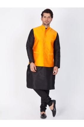 Dashing Black Cotton Silk Ethnic Wear Kurta Readymade Kurta Payjama With Jacket kur0340