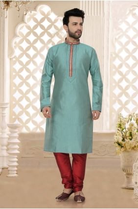 Aqua Blue Slub Plain Ethnic Wear Kurta Kurta Pajama KUR0600