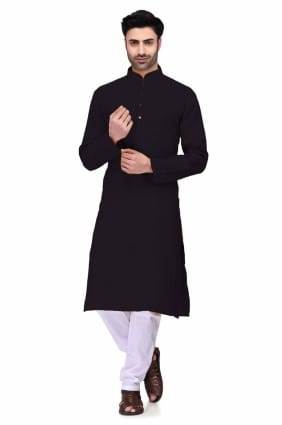 Plain Cotton Men Kurta in Black with Dupatta KURR104