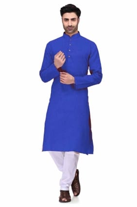 Men Kurta in Blue Cotton with Plain KURR105