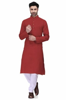 Cotton Men Kurta in Dark red with Plain KURR108
