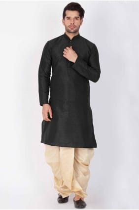 Black Dupion silk Plain Men Kurta with Dupatta KURR124