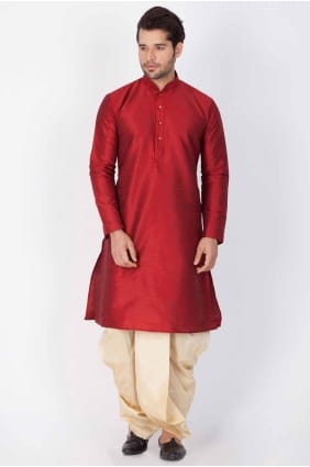 Plain Dupion silk Maroon Men Kurta with Dupatta KURR132