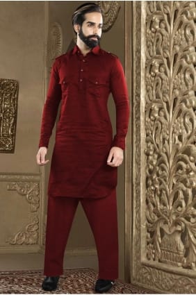 Dupion silk Men Kurta with Plain in Maroon KURR157