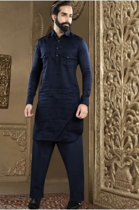 Plain Men Kurta in Navy blue Dupion silk KURR158