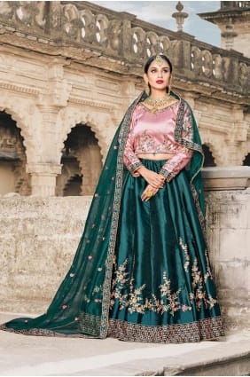 Contemporary Teal Green Satin Lehenga Choli lc1496
