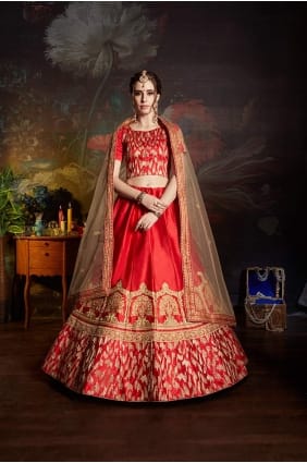 Modish Red Satin Lehenga Choli lc1707
