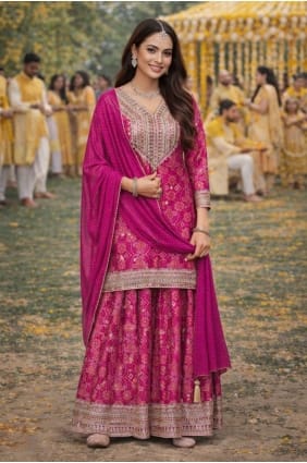 Embroidered Silk Palazzo Suit in Pink with Dupatta PZ4323