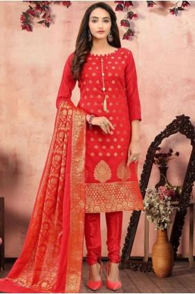 Red Banarsi jacquard Churidar Suit SK13549