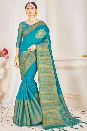 Teal blue Silk South Indian Saree SR17080
