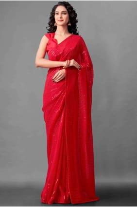 Contemporary Georgette Saree in Red sr17400
