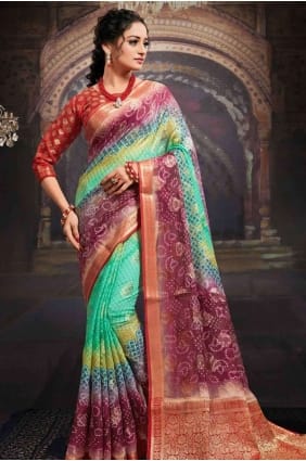 Printed Saree in Sea green and maroon SR17533
