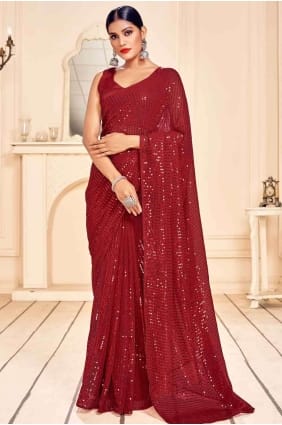 Contemporary Embroidered Saree in Red sr17658