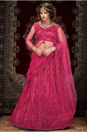Net Lehenga Choli with Sequins in Burnt pink LC3751