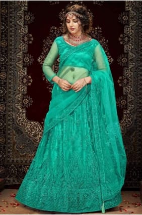 Net Aquamarine Lehenga Choli in Sequins LC3753