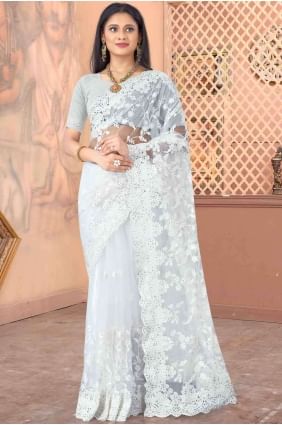 Net Stone with moti Smoke white Saree with Blouse SR18031