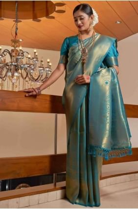 Raw silk Teal blue South Indian Saree in Weaving SR18090