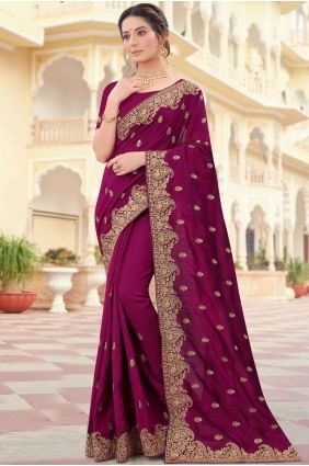 Embroidered Silk Party Wear Saree in wine with Blouse SR19002