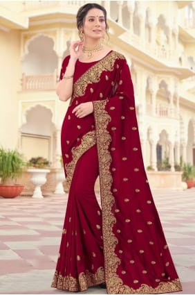 Maroon Party Wear Saree in Embroidered Silk SR19005
