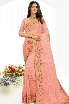 Net Party Wear Saree in Peach with Resham,stone,embroidered SR19022
