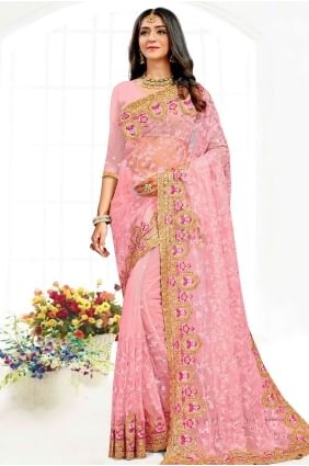 Party Wear Saree in Pink Net with Resham,stone,embroidered SR19023