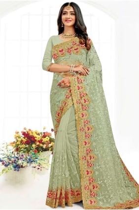 Net Party Wear Saree in Pista with Resham,stone,embroidered SR19024