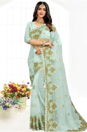 Resham,stone,embroidered Net Sky Party Wear Saree with Blouse SR19027