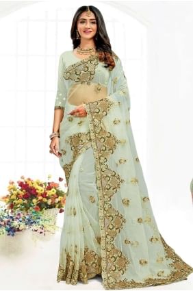 Net Pista Party Wear Saree in Resham,stone,embroidered SR19029