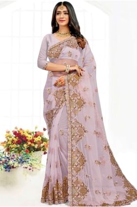Net Resham,stone,embroidered Lavender Party Wear Saree with Blouse SR19030