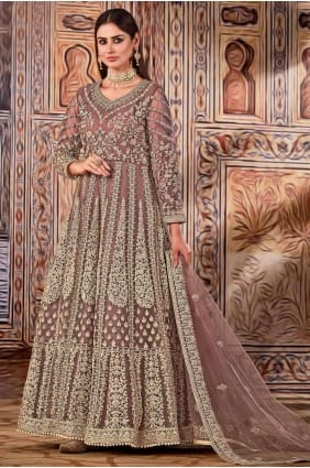 Heavy Embroidered Net Anarkali Suit in Peach AS2913