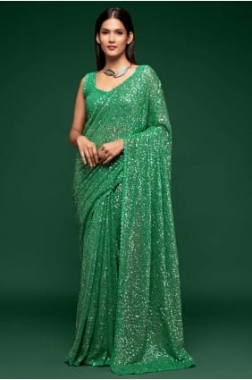 Embroidered Georgette Party Wear Saree in Green SR19183