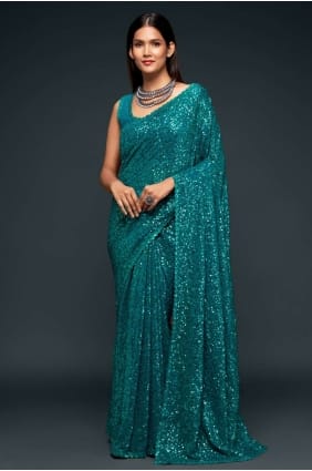 Embroidered Party Wear Saree in Teal blue Georgette SR19184