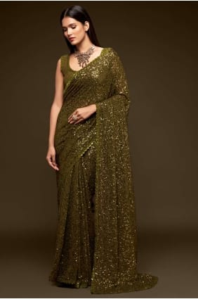 Embroidered Georgette Party Wear Saree in Mahendi with Blouse SR19186