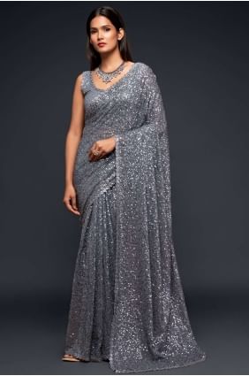 Grey Embroidered Party Wear Saree in Georgette SR19189