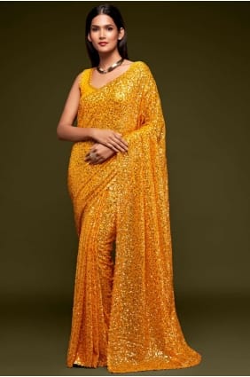 Yellow Georgette Party Wear Saree with Embroidered SR19191