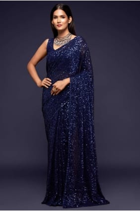 Embroidered Georgette Blue Party Wear Saree with Blouse SR19193