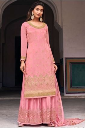Pink Embroidered Palazzo Suit in Jacquard PZ2505