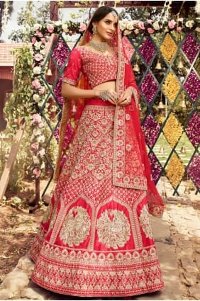 Embroidered Raw silk Red Wedding Lehenga Choli with Dupatta LC4248