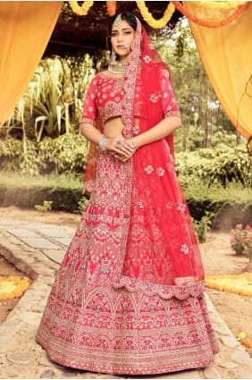 Embroidered Raw silk Wedding Lehenga Choli in Red LC4250