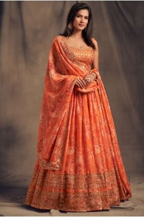 Organza Party Lehenga Choli with Printed in Orange LC4512