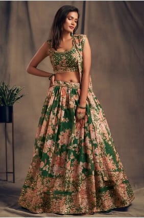 Printed Organza Party Lehenga Choli in Green LC4515